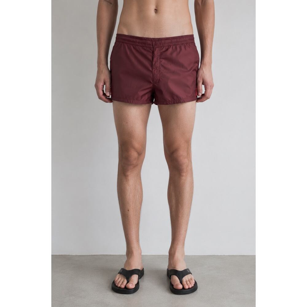Prada Red Tab Nylon Metal Swim Shorts Burgundy